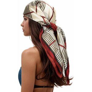 Women  Head Scarf Like Silk Scarf Hair Scarf Printed Square Scarf White & Red